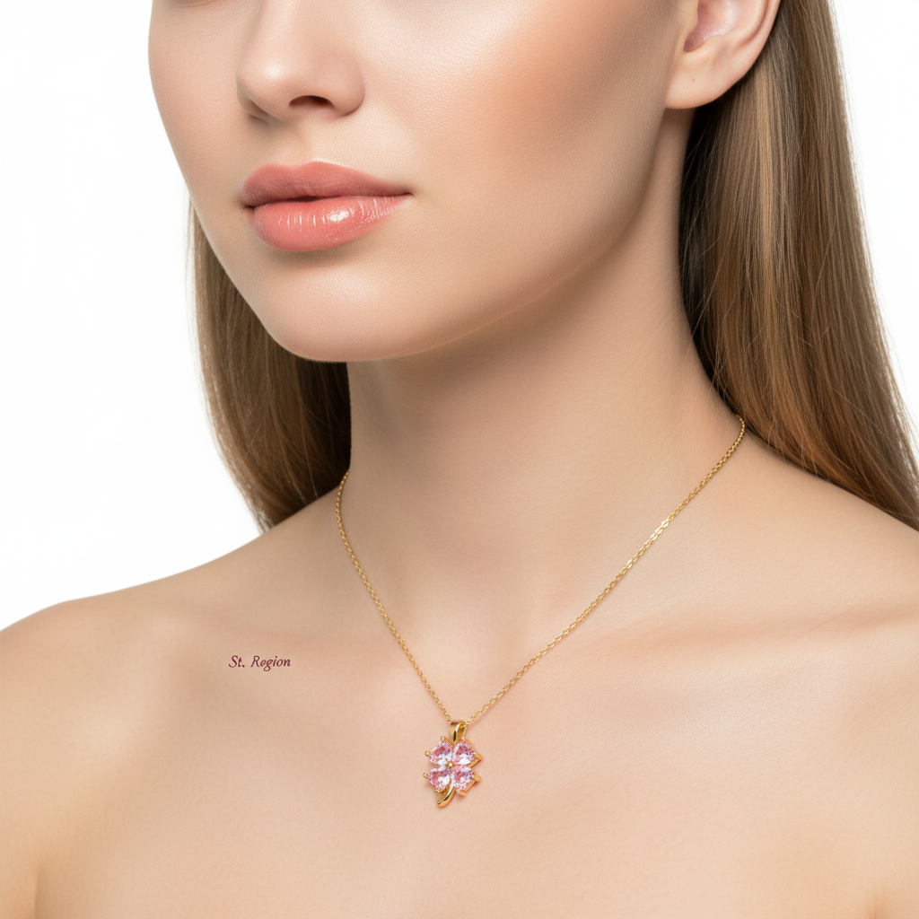 Pink Crystal & Goldtone Heart Clover Pendant Necklace
