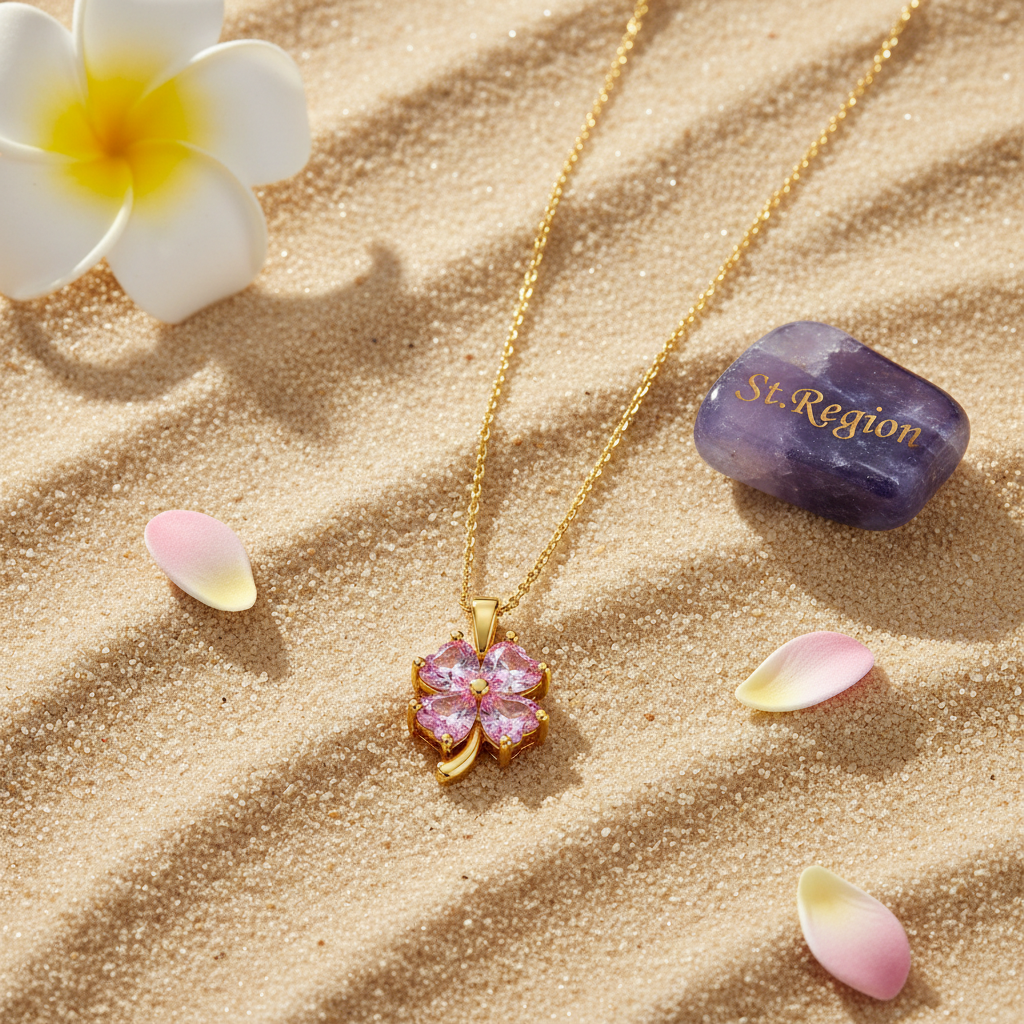 Pink Crystal & Goldtone Heart Clover Pendant Necklace