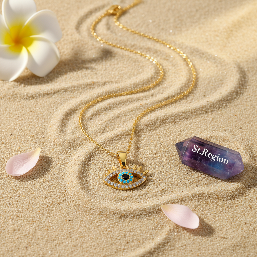 Blue Resin & Clear Cubic Zirconia Eye Pendant Necklace
