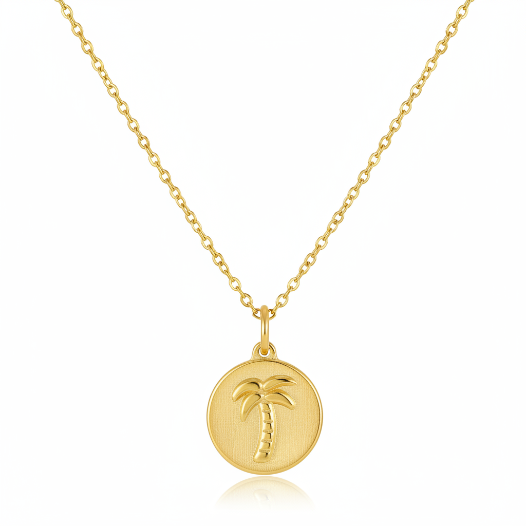 Goldtone Palm Tree Round Pendant Necklace