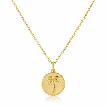 Goldtone Palm Tree Round Pendant Necklace