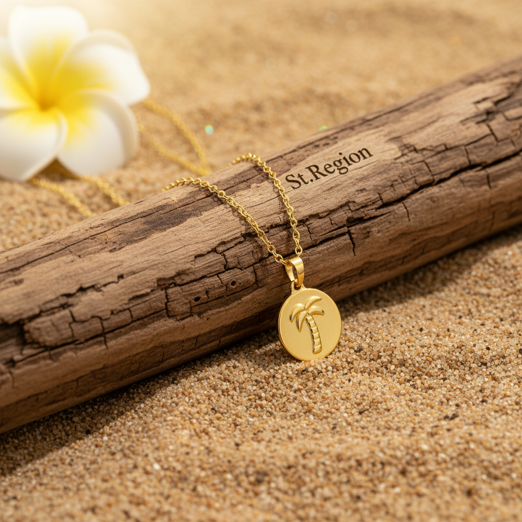 Goldtone Palm Tree Round Pendant Necklace