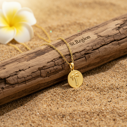 Goldtone Palm Tree Round Pendant Necklace