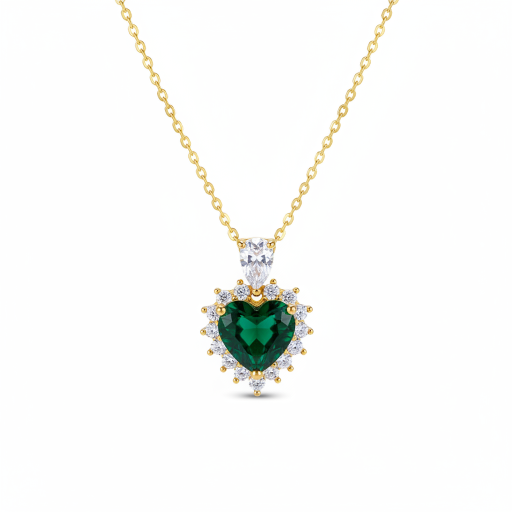 Green Crystal & Cubic Zirconia Heart Pendant Necklace