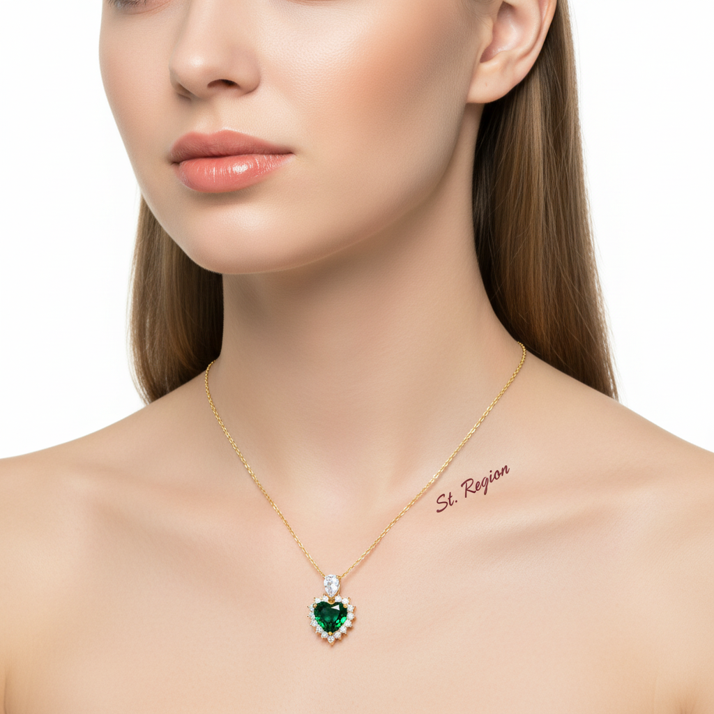Green Crystal & Cubic Zirconia Heart Pendant Necklace