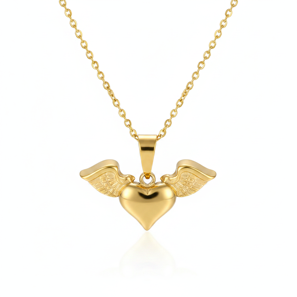 Goldtone Heart & Wings Pendant Necklace