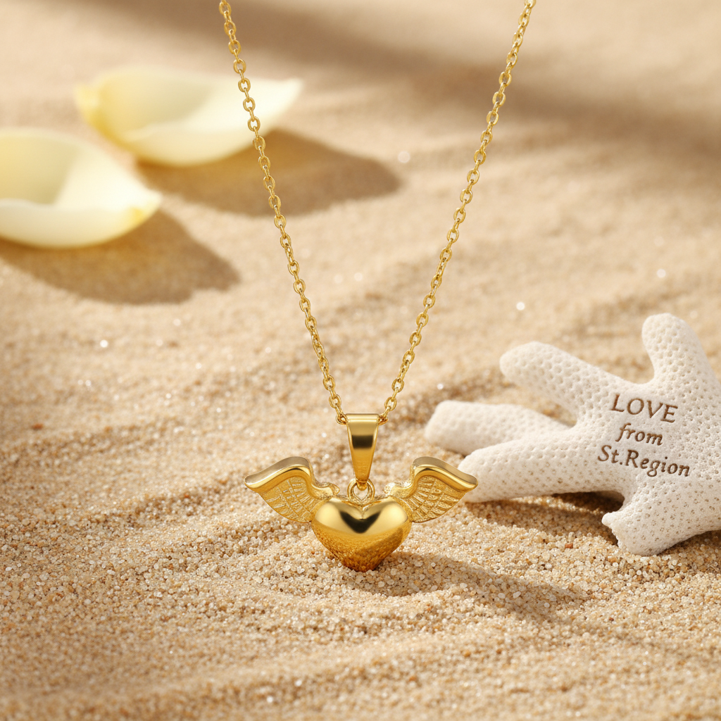 Goldtone Heart & Wings Pendant Necklace