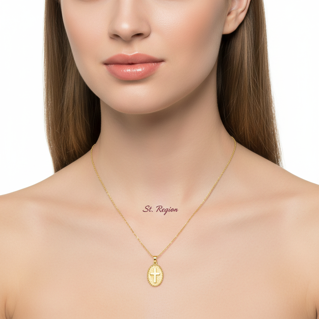 Goldtone Oval Cross Pendant Necklace