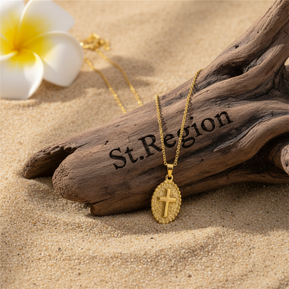Goldtone Oval Cross Pendant Necklace
