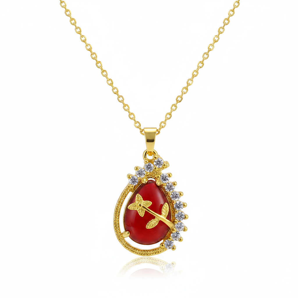 Red Quartz & Goldtone Botanical Drop Pendant Necklace