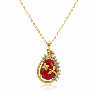 Red Quartz & Goldtone Botanical Drop Pendant Necklace