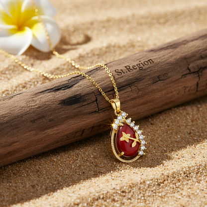 Red Quartz & Goldtone Botanical Drop Pendant Necklace