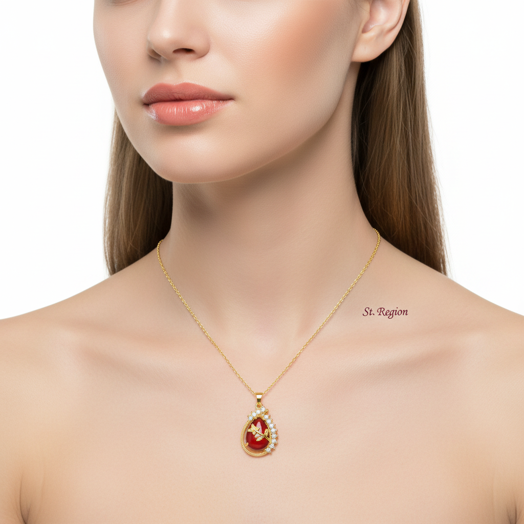 Red Quartz & Goldtone Botanical Drop Pendant Necklace