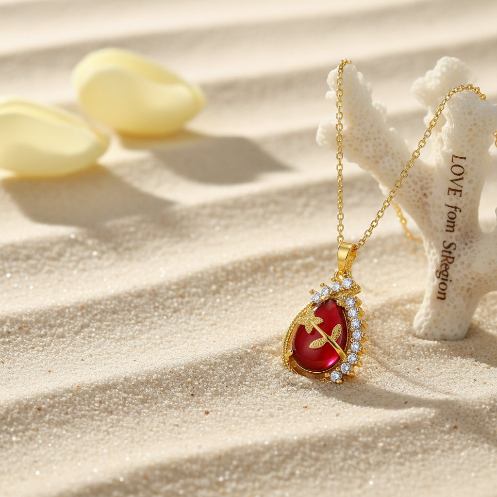 Red Quartz & Goldtone Botanical Drop Pendant Necklace