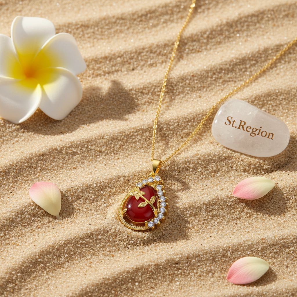 Red Quartz & Goldtone Botanical Drop Pendant Necklace