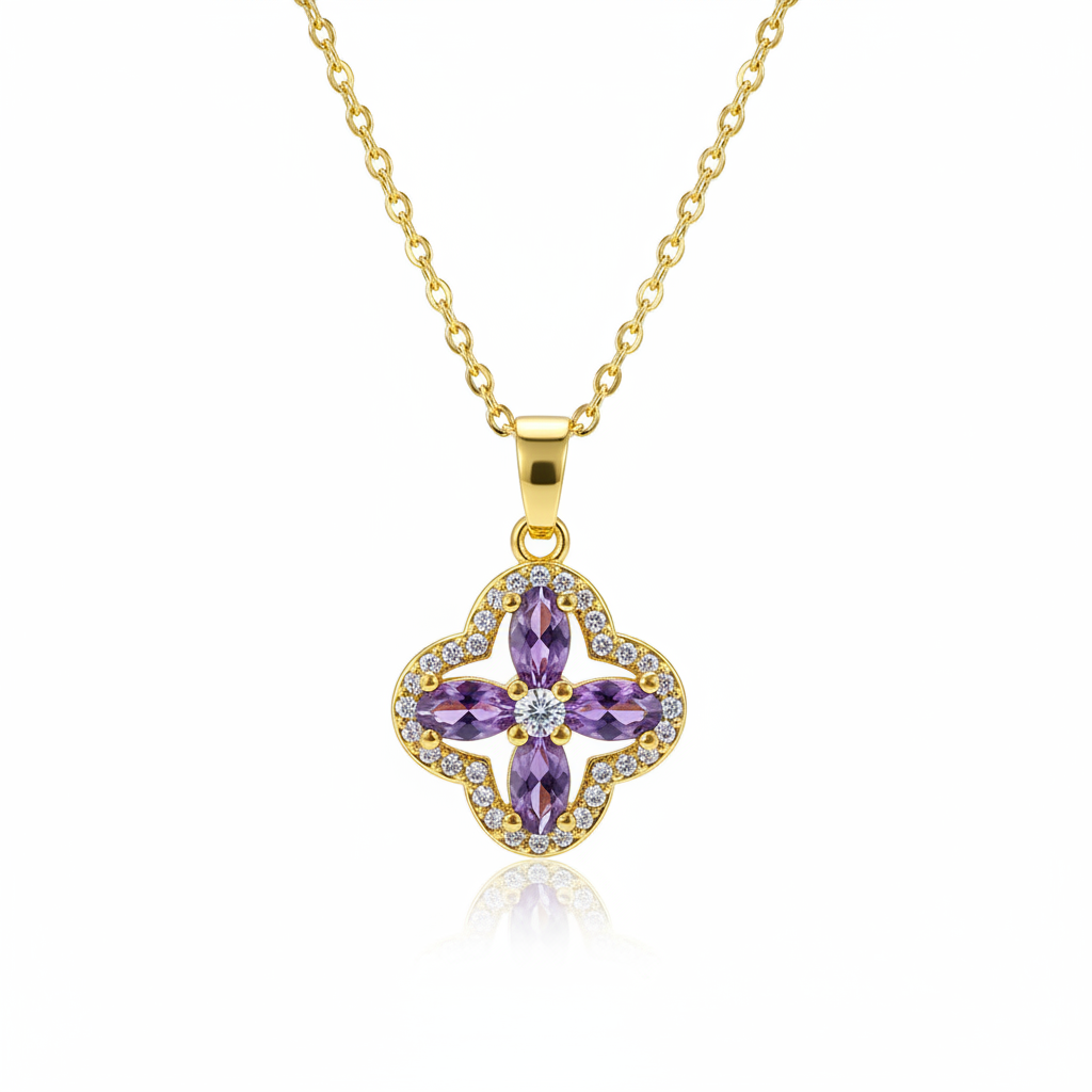 Purple Crystal & Cubic Zirconia Goldtone Clover Pendant Necklace