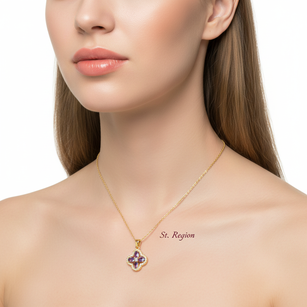 Purple Crystal & Cubic Zirconia Goldtone Clover Pendant Necklace