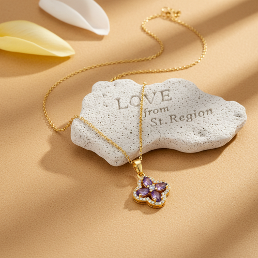 Purple Crystal & Cubic Zirconia Goldtone Clover Pendant Necklace