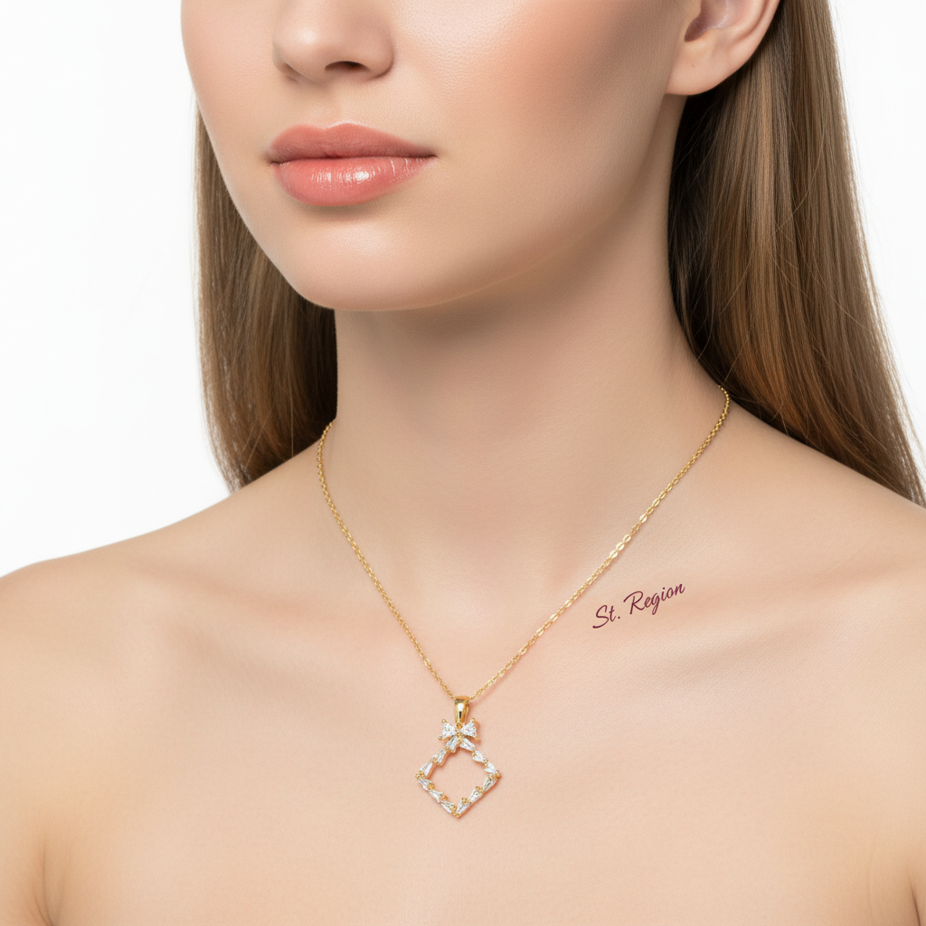 Crystal & Goldtone Bow Rhombus Pendant Necklace