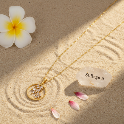 Crystal & Goldtone Leaves Circle Pendant Necklace
