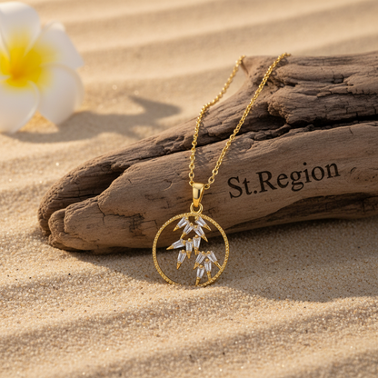Crystal & Goldtone Leaves Circle Pendant Necklace