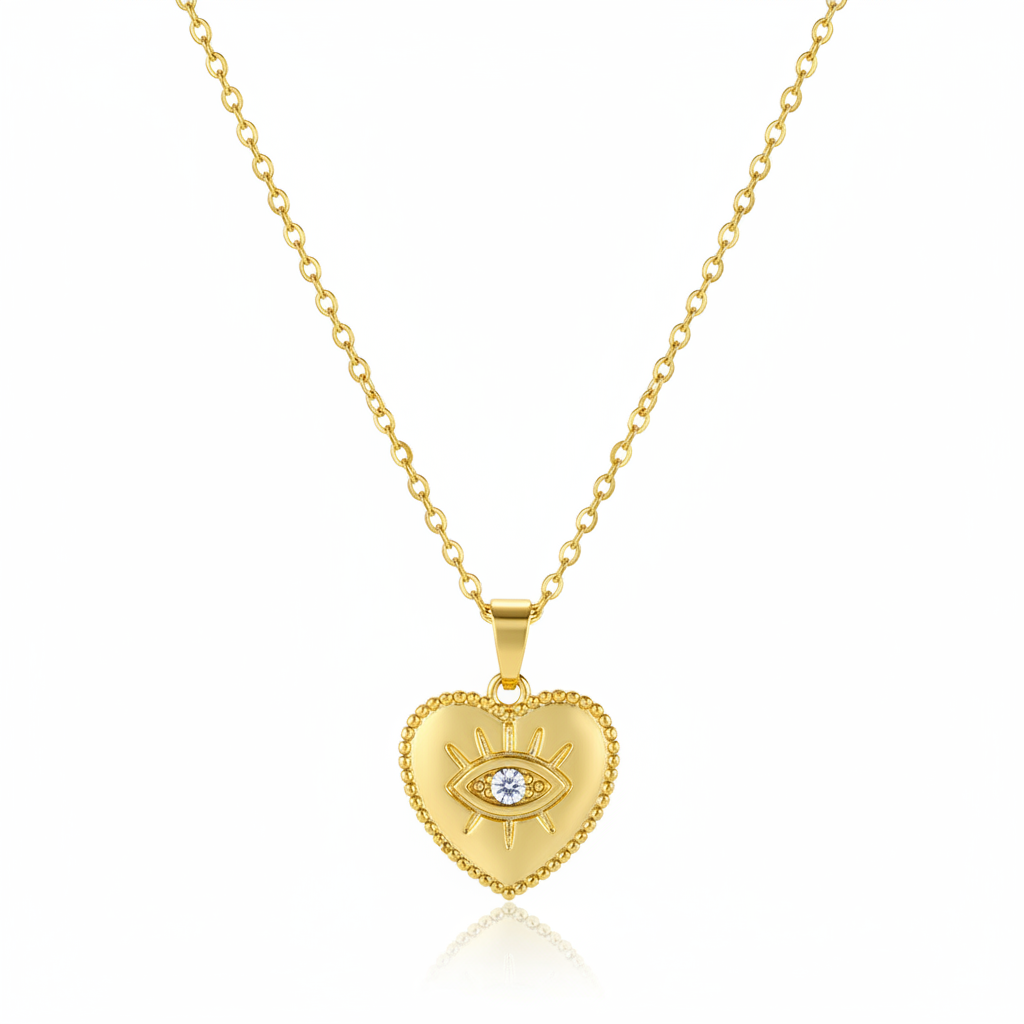 Cubic Zirconia & Goldtone Eye Heart Pendant Necklace