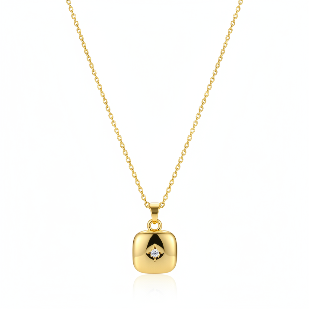 Cubic Zirconia & Goldtone Star Square Pendant Necklace