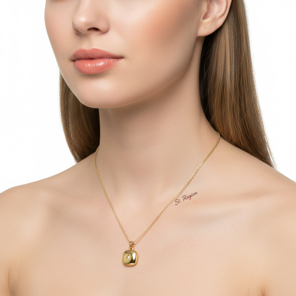 Cubic Zirconia & Goldtone Star Square Pendant Necklace