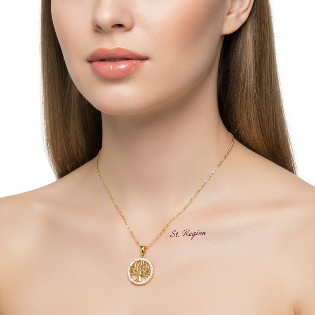 Cubic Zirconia & Goldtone Life Tree Pendant Necklace
