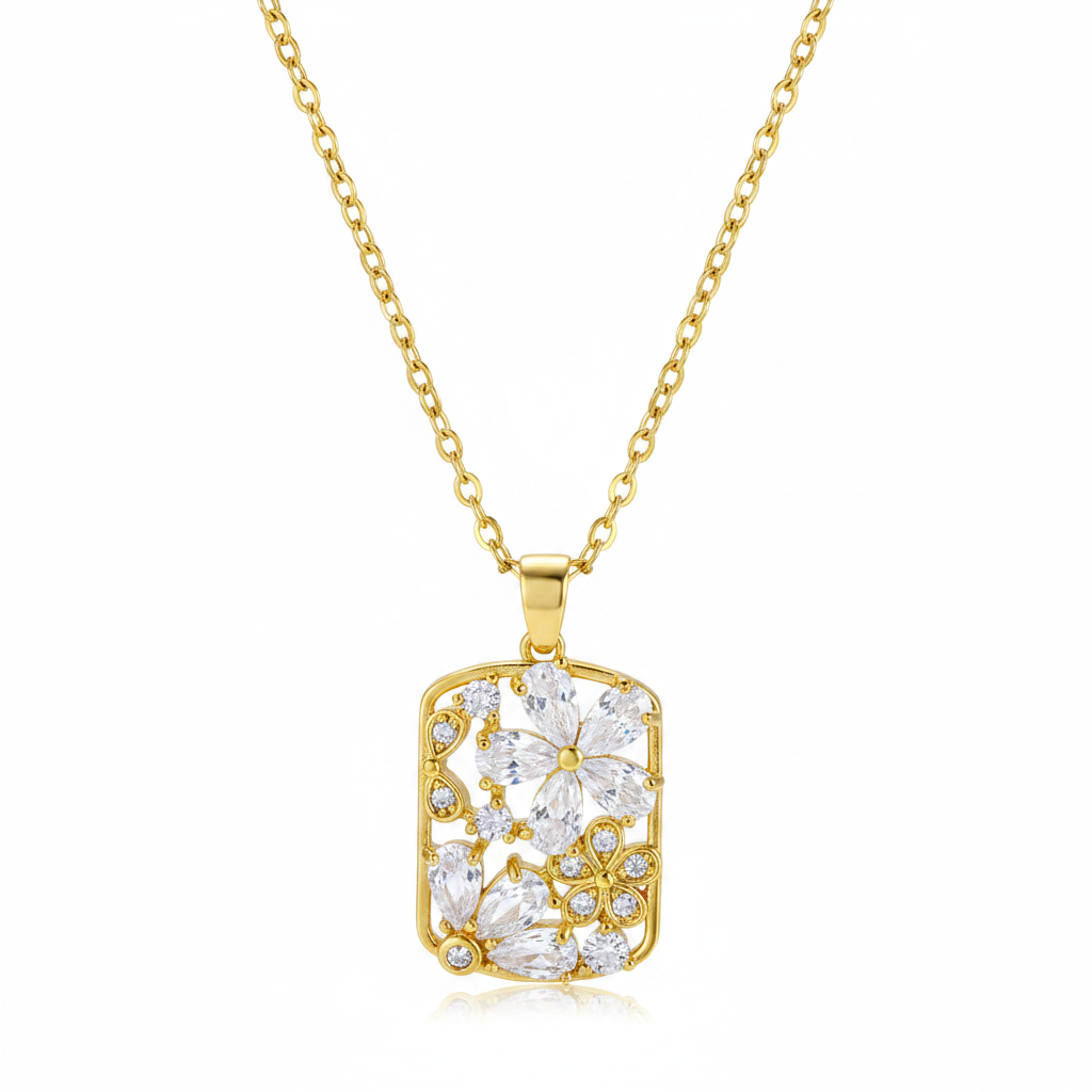 Crystal & Cubic Zirconia Flower Rectangle Pendant Necklace