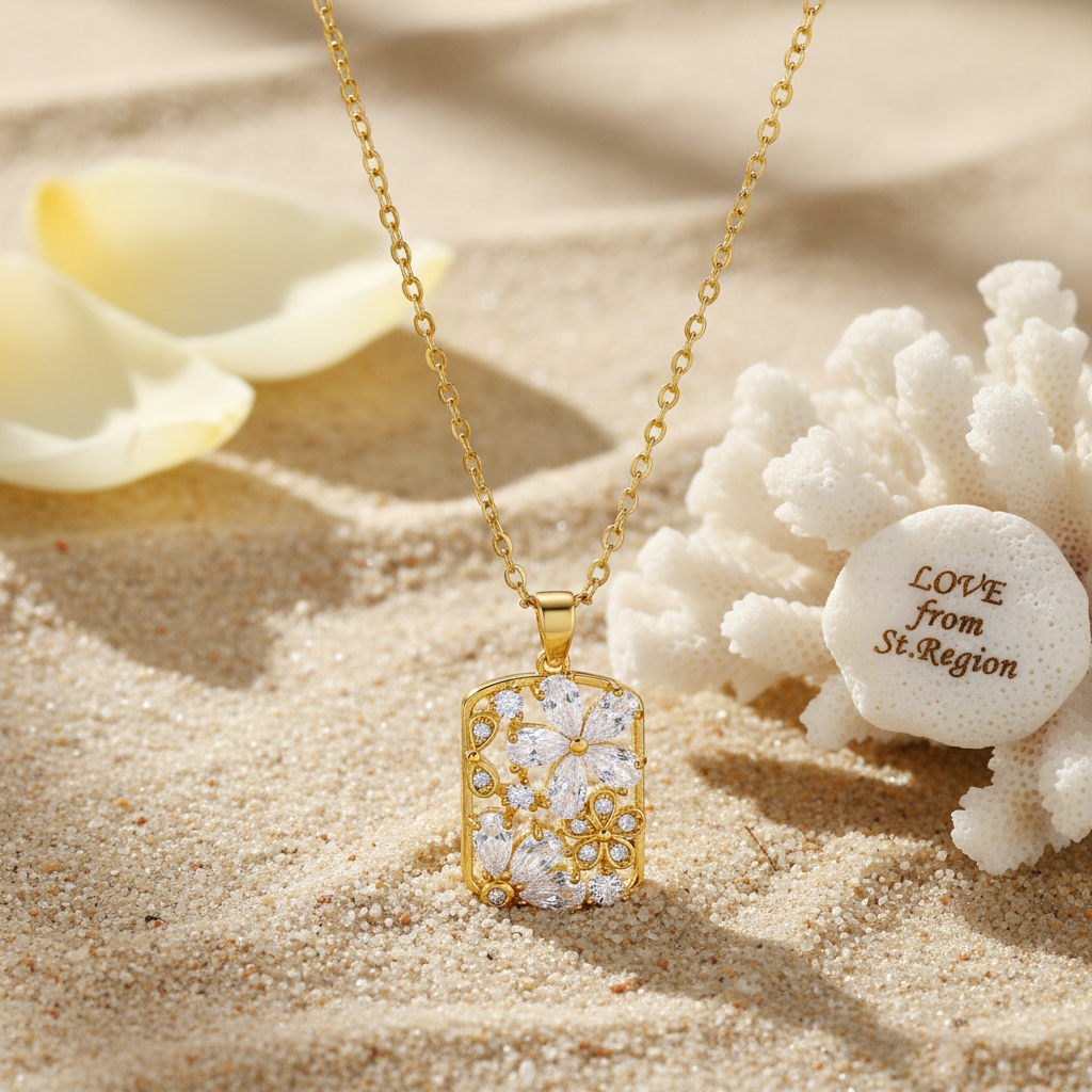 Crystal & Cubic Zirconia Flower Rectangle Pendant Necklace