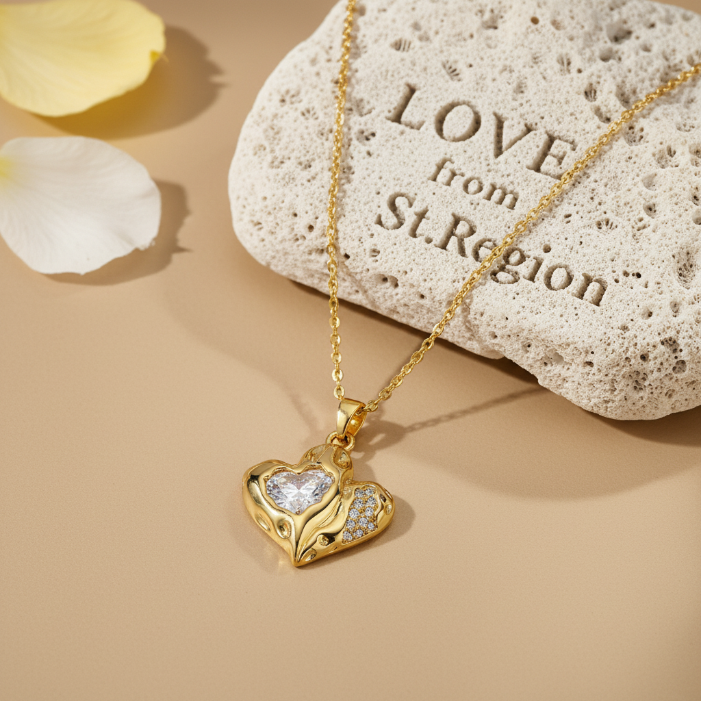 Crystal & Goldtone Textured Heart Pendant Necklace