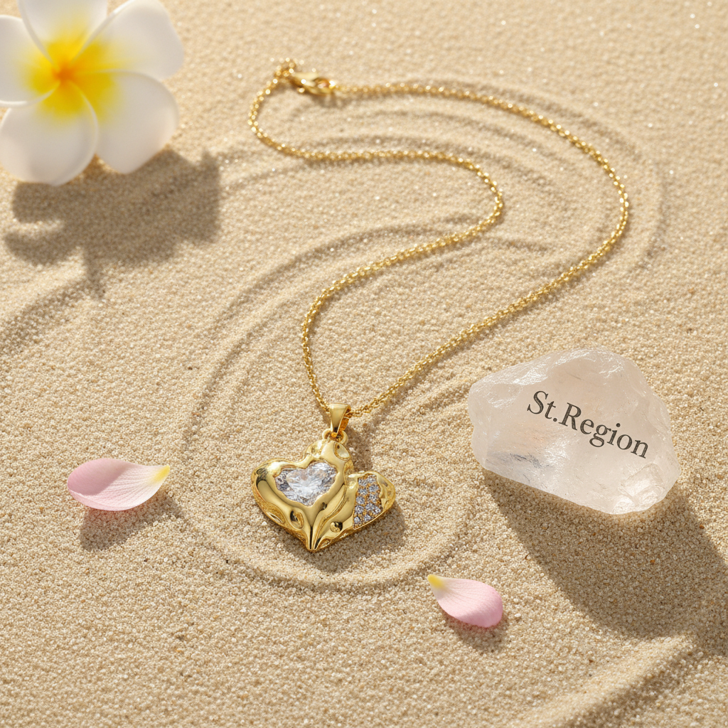 Crystal & Goldtone Textured Heart Pendant Necklace