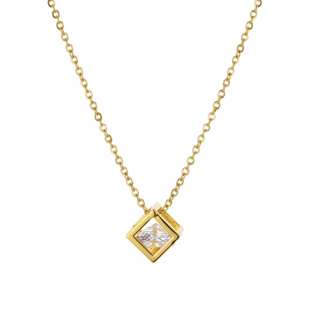 Cubic Zirconia & Goldtone Cube Pendant Necklace
