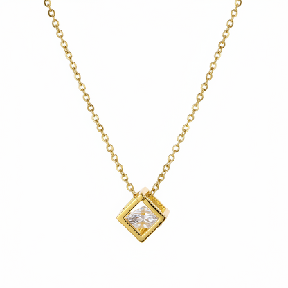 Cubic Zirconia & Goldtone Cube Pendant Necklace