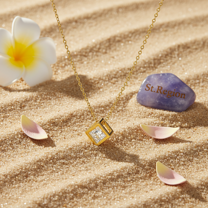Cubic Zirconia & Goldtone Cube Pendant Necklace