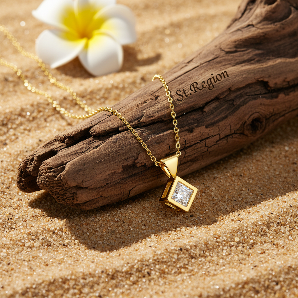 Cubic Zirconia & Goldtone Cube Pendant Necklace