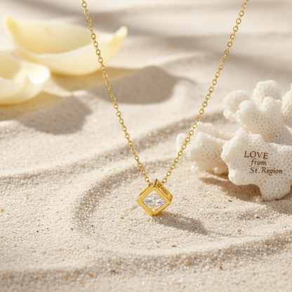 Cubic Zirconia & Goldtone Cube Pendant Necklace