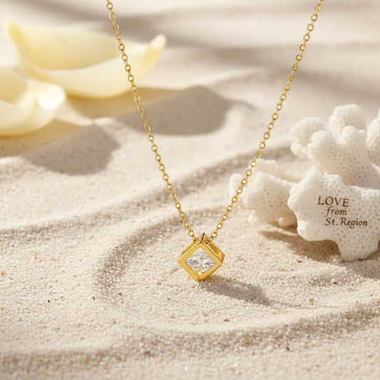 Cubic Zirconia & Goldtone Cube Pendant Necklace