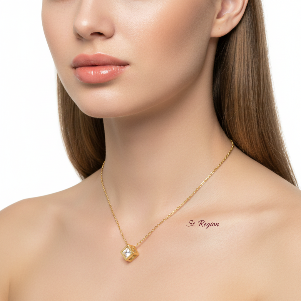 Cubic Zirconia & Goldtone Cube Pendant Necklace