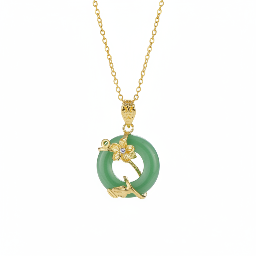 Green Jade & Cubic Zirconia Flower Pendant Necklace