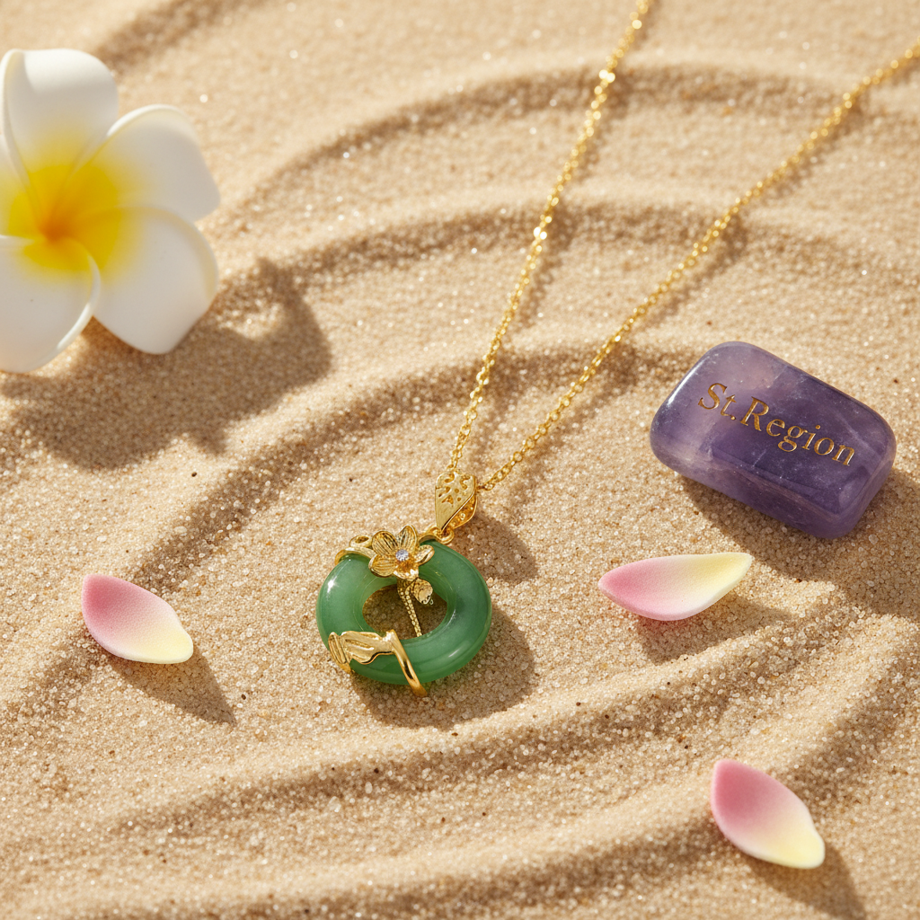 Green Jade & Cubic Zirconia Flower Pendant Necklace