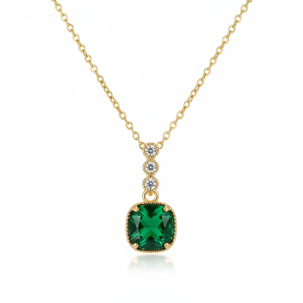 Green Crystal & Cubic Zirconia Goldtone Cushion Pendant Necklace