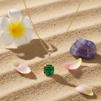 Green Crystal & Cubic Zirconia Goldtone Cushion Pendant Necklace