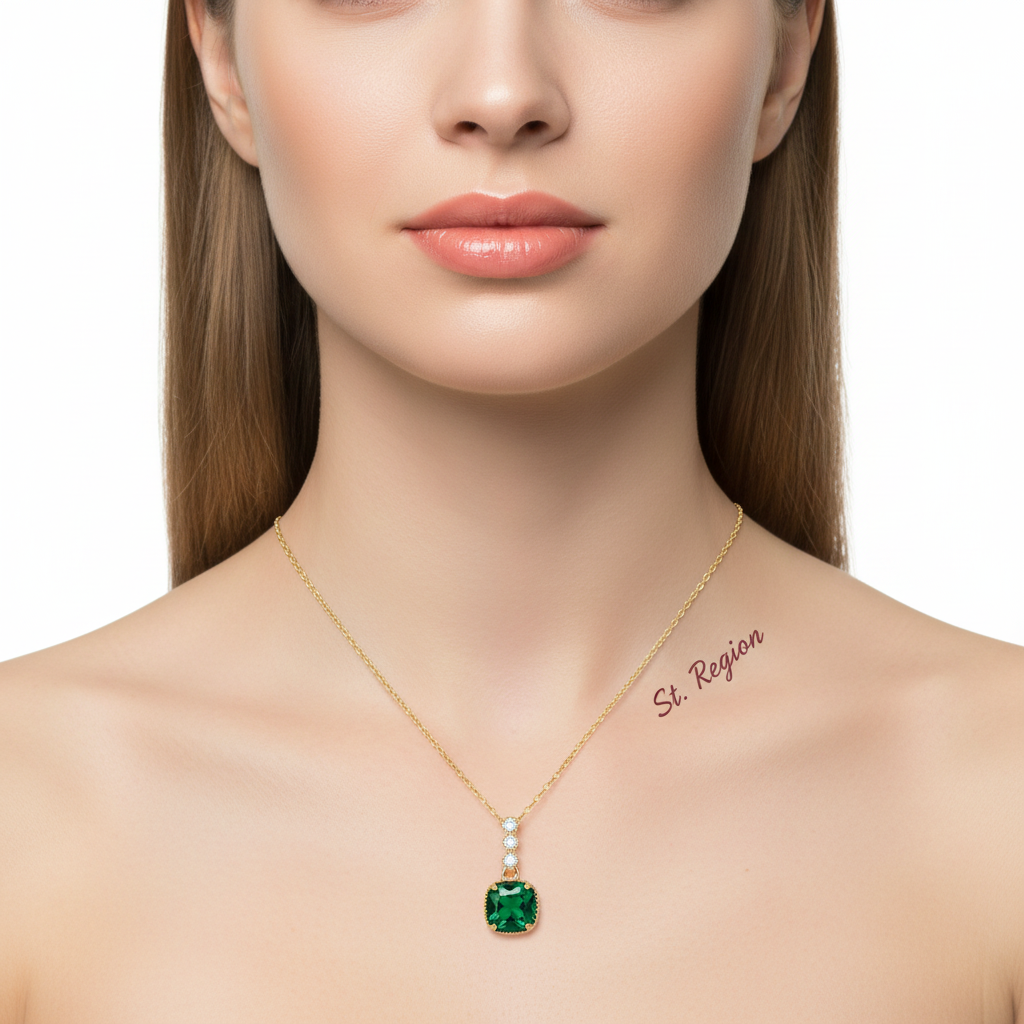 Green Crystal & Cubic Zirconia Goldtone Cushion Pendant Necklace