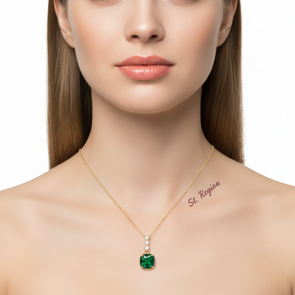 Green Crystal & Cubic Zirconia Goldtone Cushion Pendant Necklace