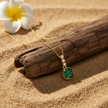 Green Crystal & Cubic Zirconia Goldtone Cushion Pendant Necklace