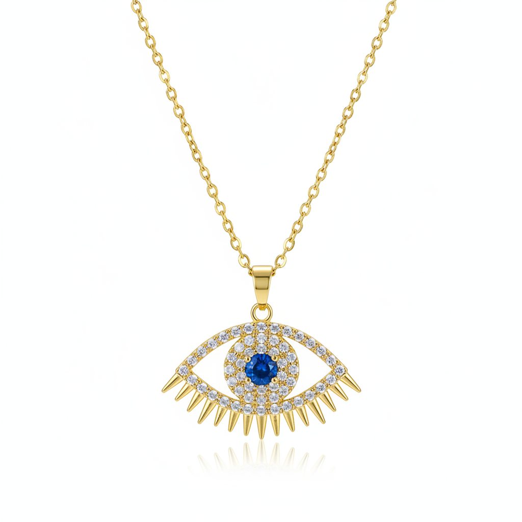 Blue Cubic Zirconia & Goldtone Eye Pendant Necklace
