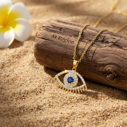 Blue Cubic Zirconia & Goldtone Eye Pendant Necklace