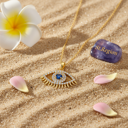 Blue Cubic Zirconia & Goldtone Eye Pendant Necklace